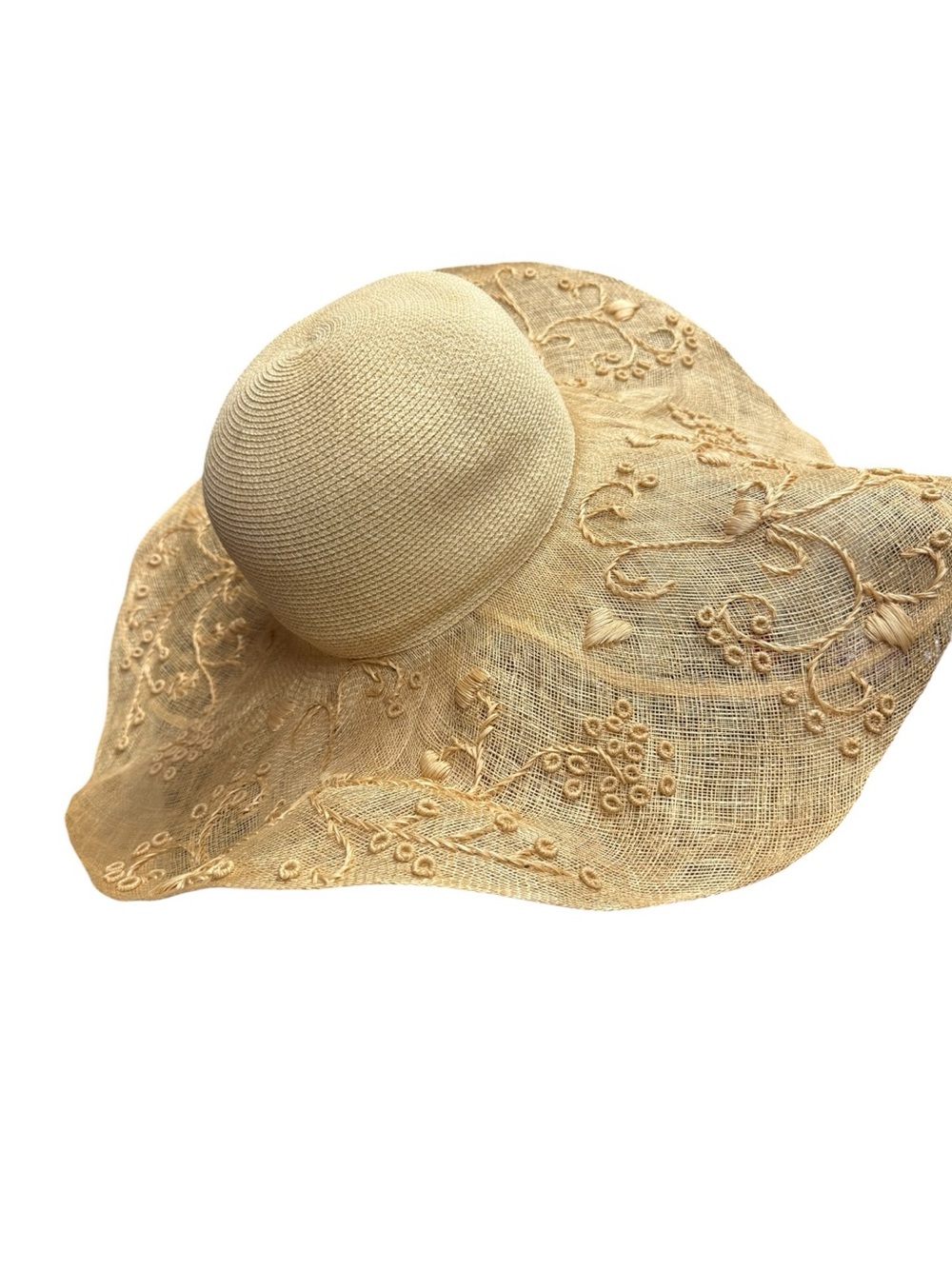 Eric Javits GUAPA Lace-Trim Wide Brim Embroidered Straw Sun Hat - Cream 21” - Picture 3 of 10